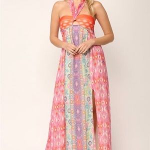 Pink and Orange Aztec Halter Maxi Dress